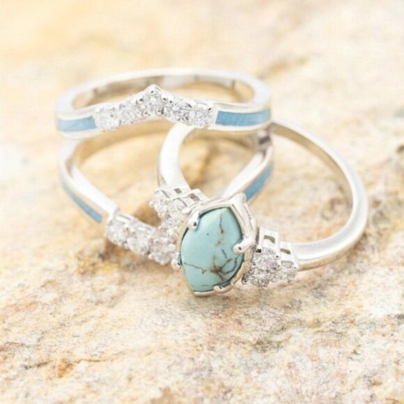 Turquoise Rhinestone Nesting 3 Ring Set Silver Tone Marquis Shape - Picture 2 of 4